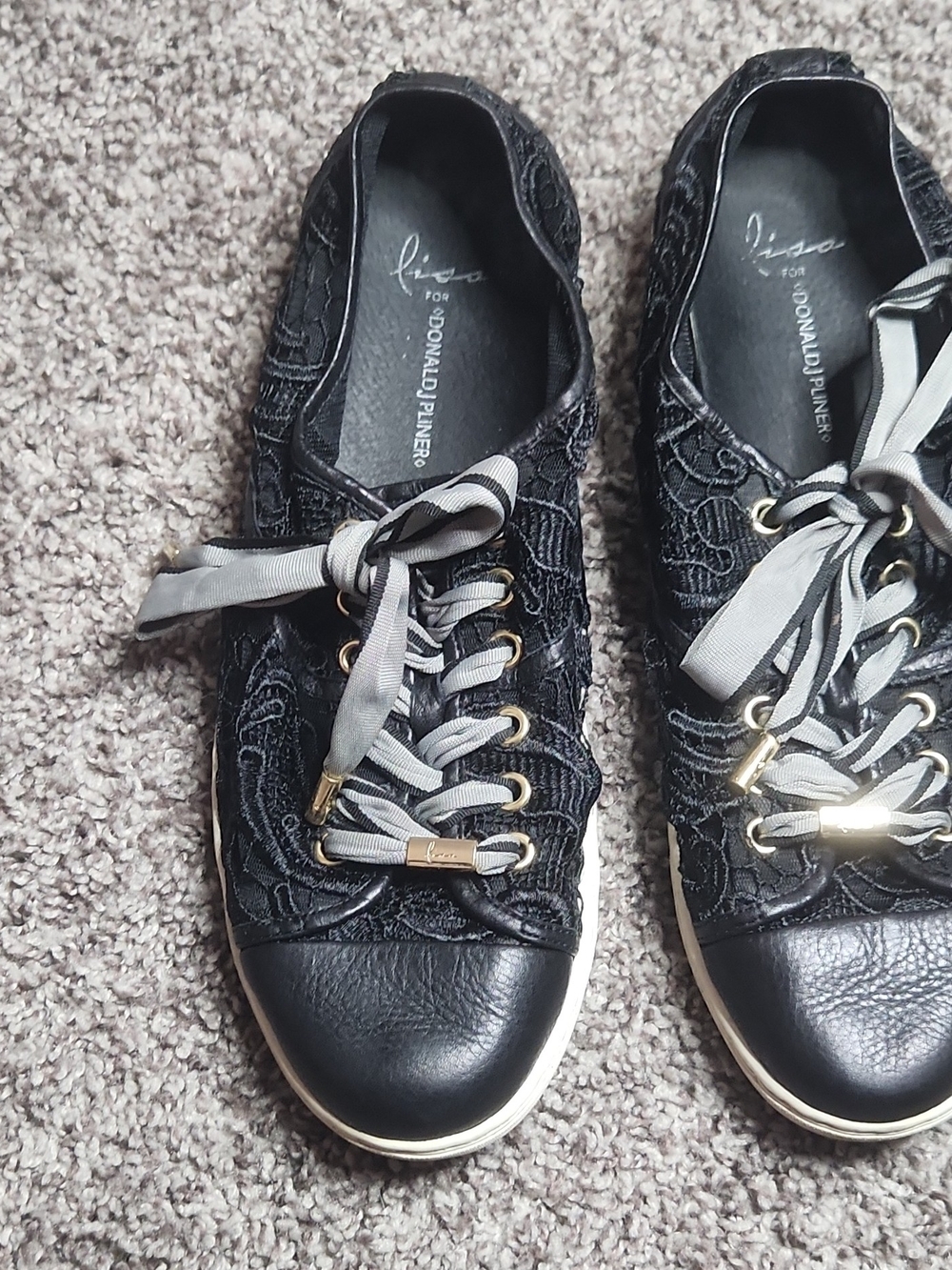 Donald J. Pliner Black Lace Overlay Sneakers with Gray Ribbon Laces